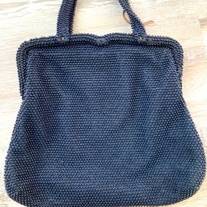 Vintage bag purse /Retro/Boho Corde Bead Lumured Dark Navy Medium Satchel Beaded